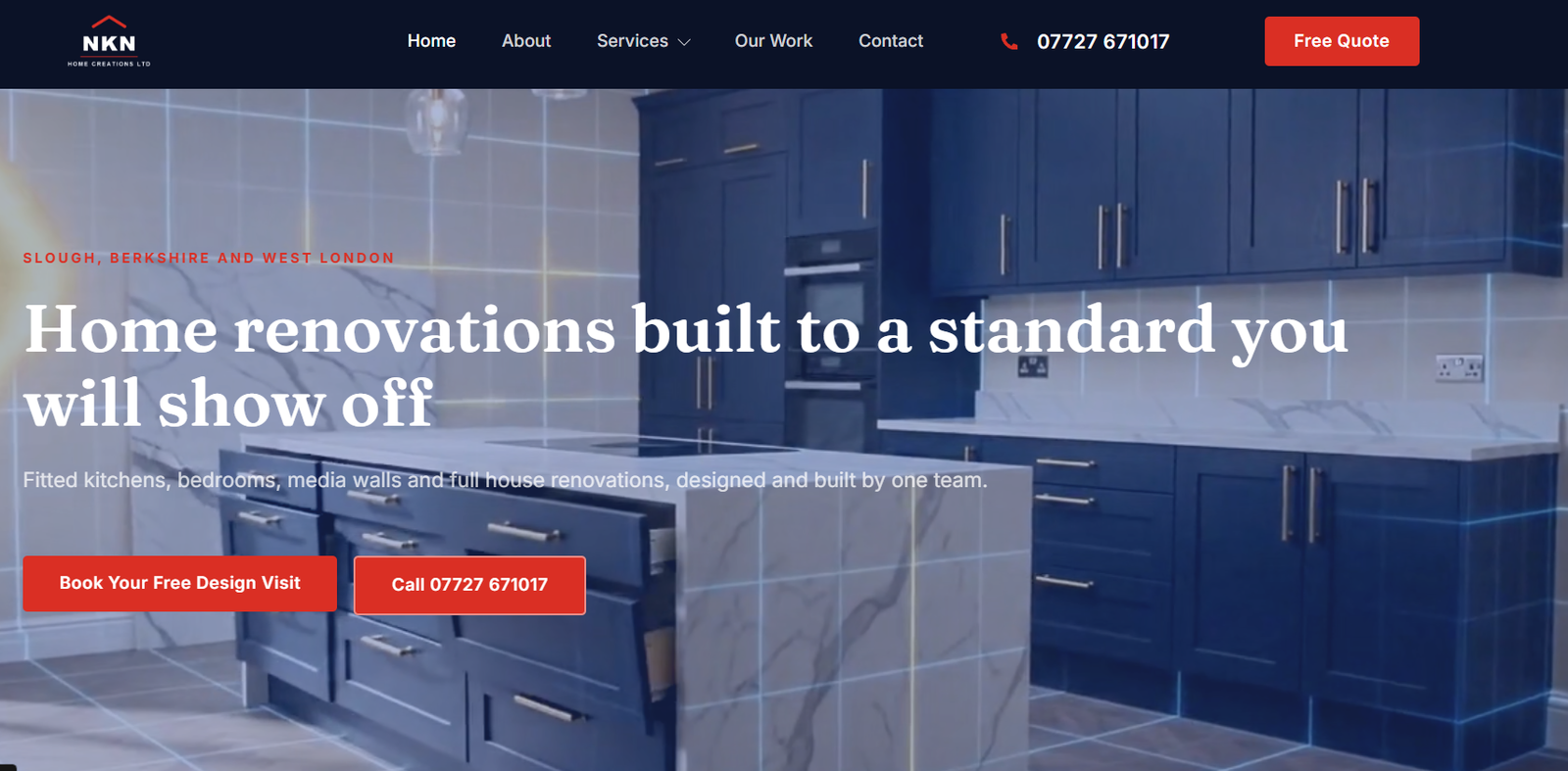 Homepage of the NKN Home Creations kitchen and bedroom website built by We Build Web