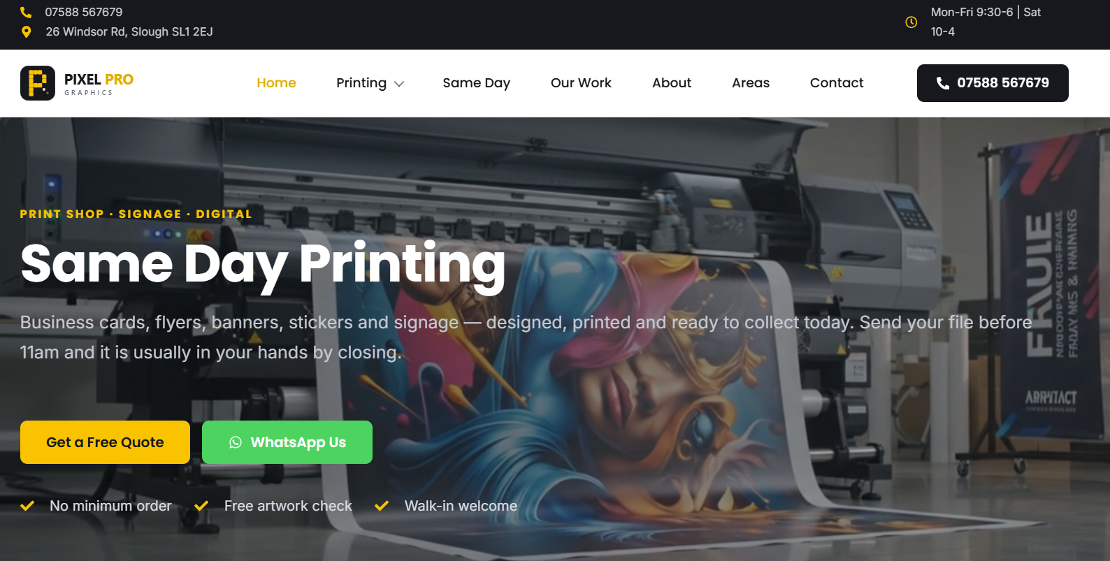 Homepage of the Pixel Pro Graphics website built by We Build Web