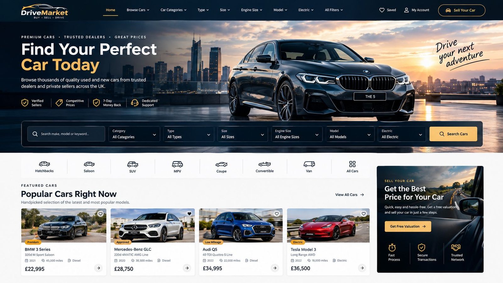 Car sales website we built, showing search filters and featured vehicles with prices