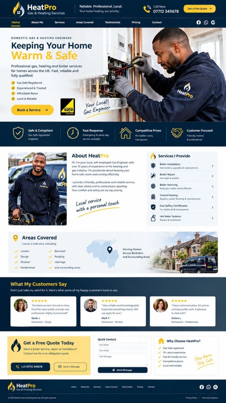 Gas and heating engineer landing page we built, with services, areas covered and a quote form