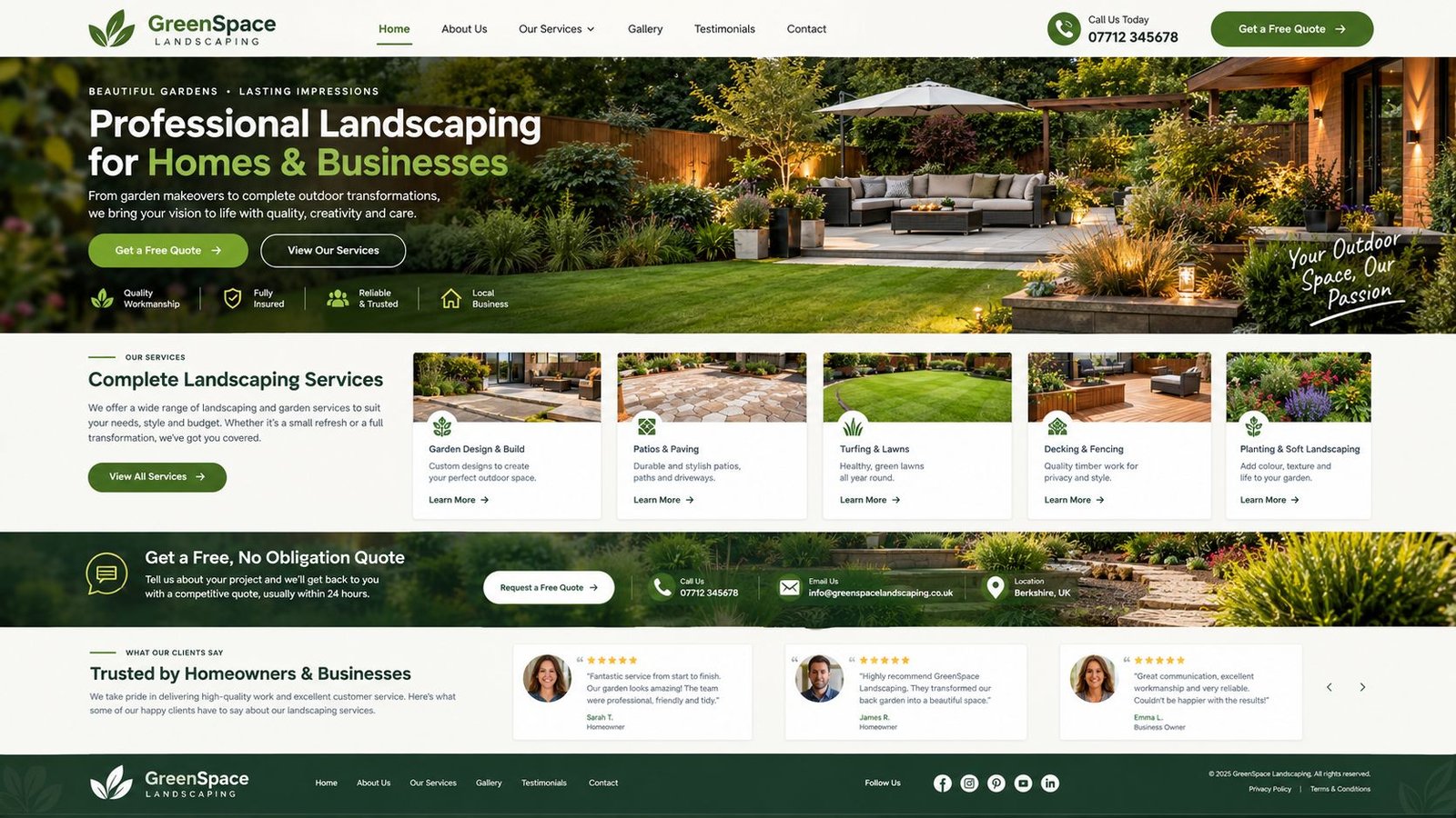 Landscaping website we built, showing services, a quote banner and customer reviews
