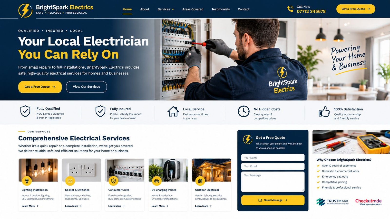 Electrician website we built, showing the homepage with services and an enquiry form