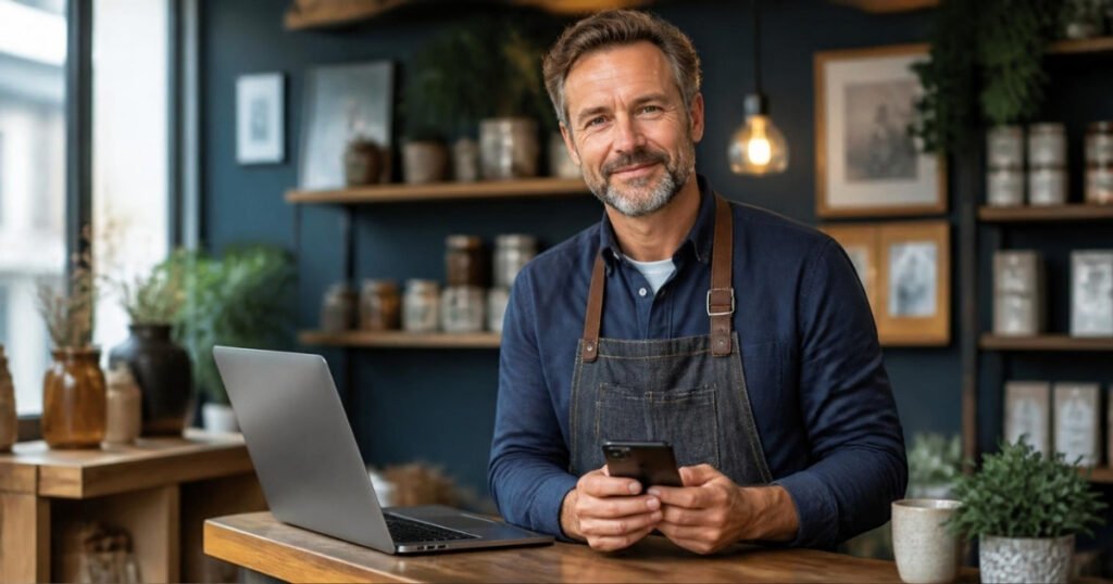 A small business owner in their own shop using a smartphone with a laptop on the counter