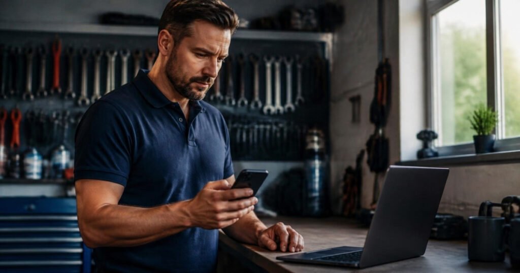 A tradesperson in his workshop looking at his phone with a laptop open on the bench beside him
