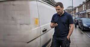 A tradesman standing beside his van on a British high street, looking at his phone with a frustrated expression