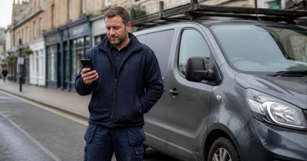 A tradesperson checking their phone beside their work van on a British high street