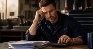 A tradesperson at a workbench working out whether a recurring membership cost is worth it