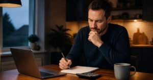A business owner working out website costs with a calculator and notepad at the kitchen table