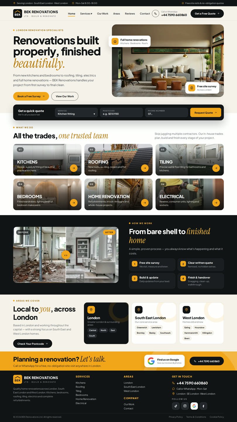 Sample website design for BEK Renovations, a UK building and renovation company
