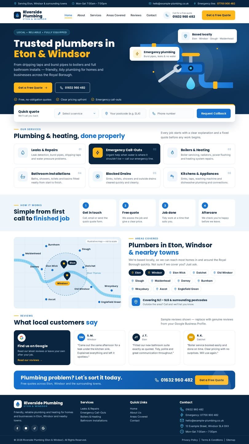 Sample website design for a UK plumbing services business