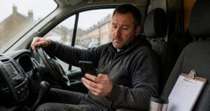 A tradesman sitting in his work van looking at lead notifications on his phone with a tired expression