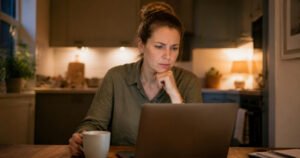 A woman in work clothes at her kitchen table in the evening, looking at a laptop with a sceptical expression