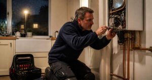 A heating engineer kneeling at an open boiler in a kitchen with a dark wet winter evening outside the window